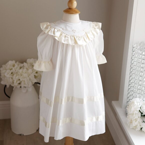 Strasburg Dress Heirloom White Cotton Satin Ivory Trim  Portrait Flower Girl NWT - Picture 1 of 5